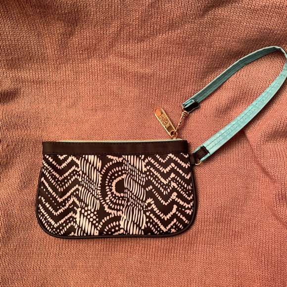 London SOHO New York Y2K Black & White Print 4X7" Wristlet with teal lining. - Picture 3 of 5